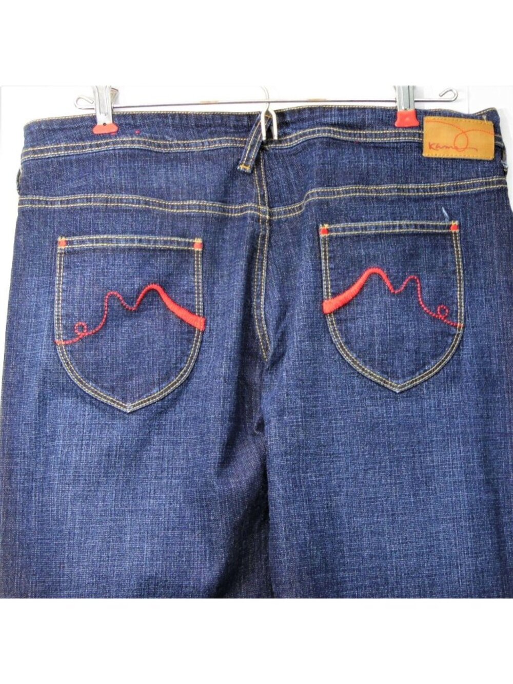 Kama Button Fly Flare Demin Jeans Dark Wash Juniors Size 9 Raw Hem Red Stitching